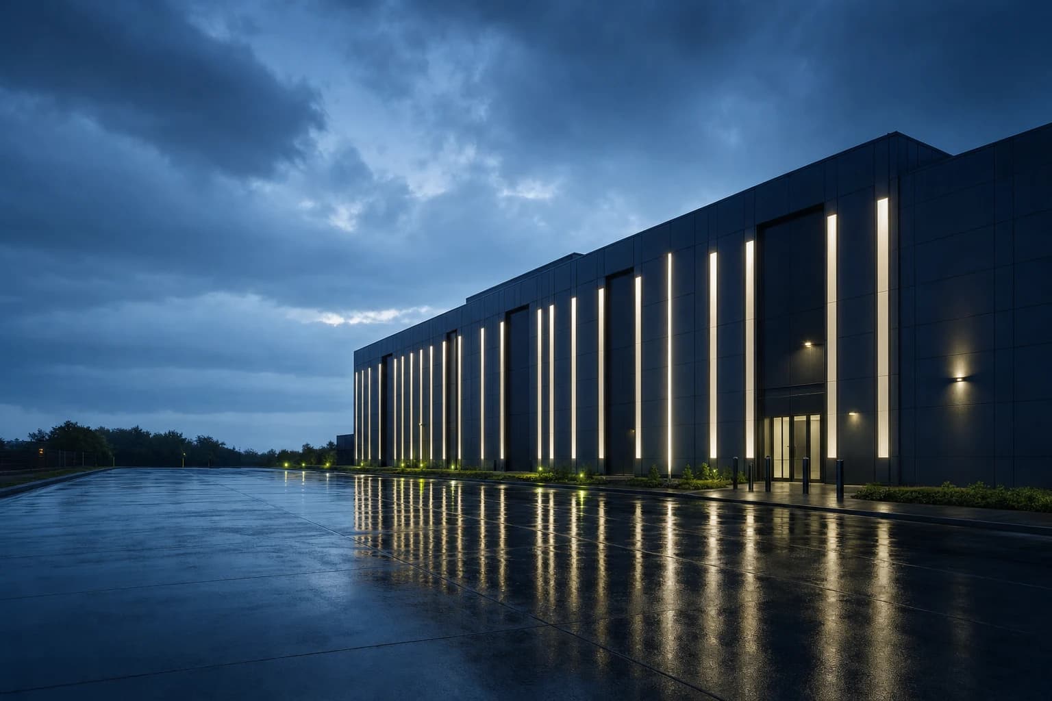 Night exterior of a planned datacenter campus with illuminated steel facade
