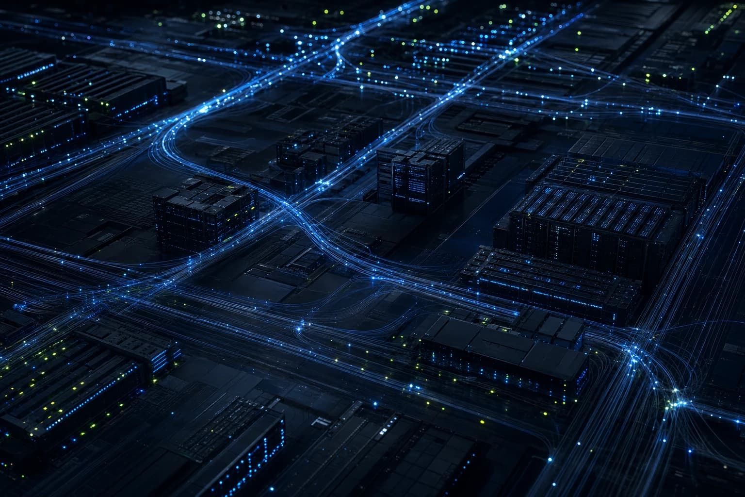 Illuminated blue and green network routes across a dark technical landscape