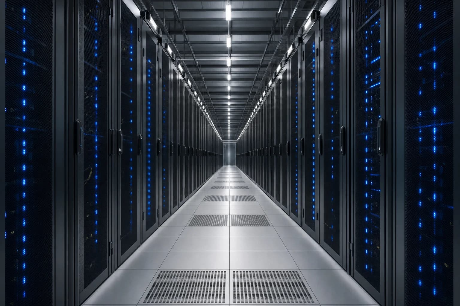 Symmetrical server hall with illuminated racks and raised floor